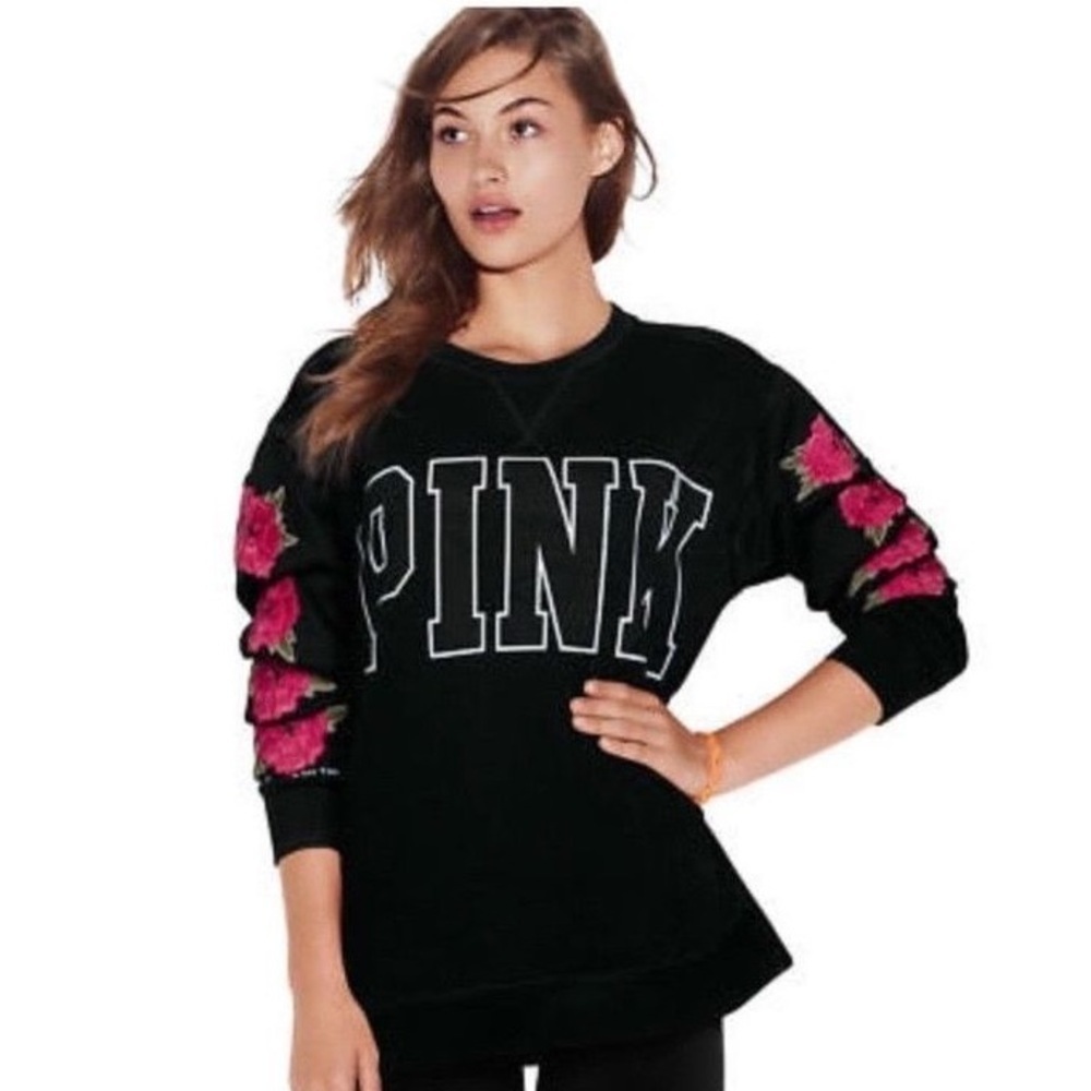 PINK Victoria’s Secret Crewneck Sweatshirt – XS – Rose Embroidered Sleeves‌‌‌‌
